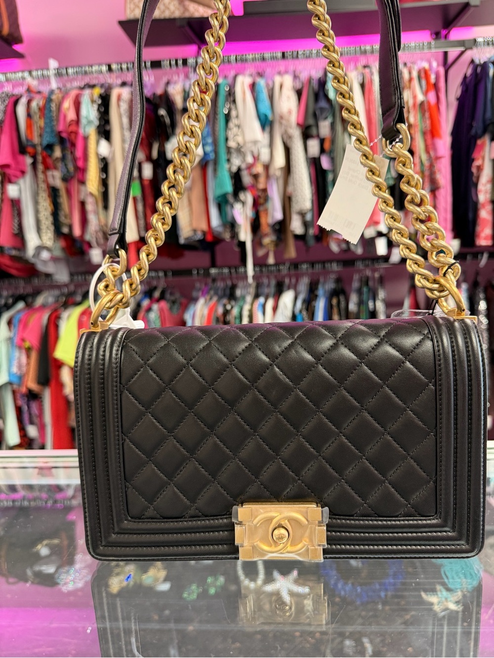 CHANEL Boy Bag Medium Black Quilted Lambskin Aged Gold Hardware 24787679 Entrupy